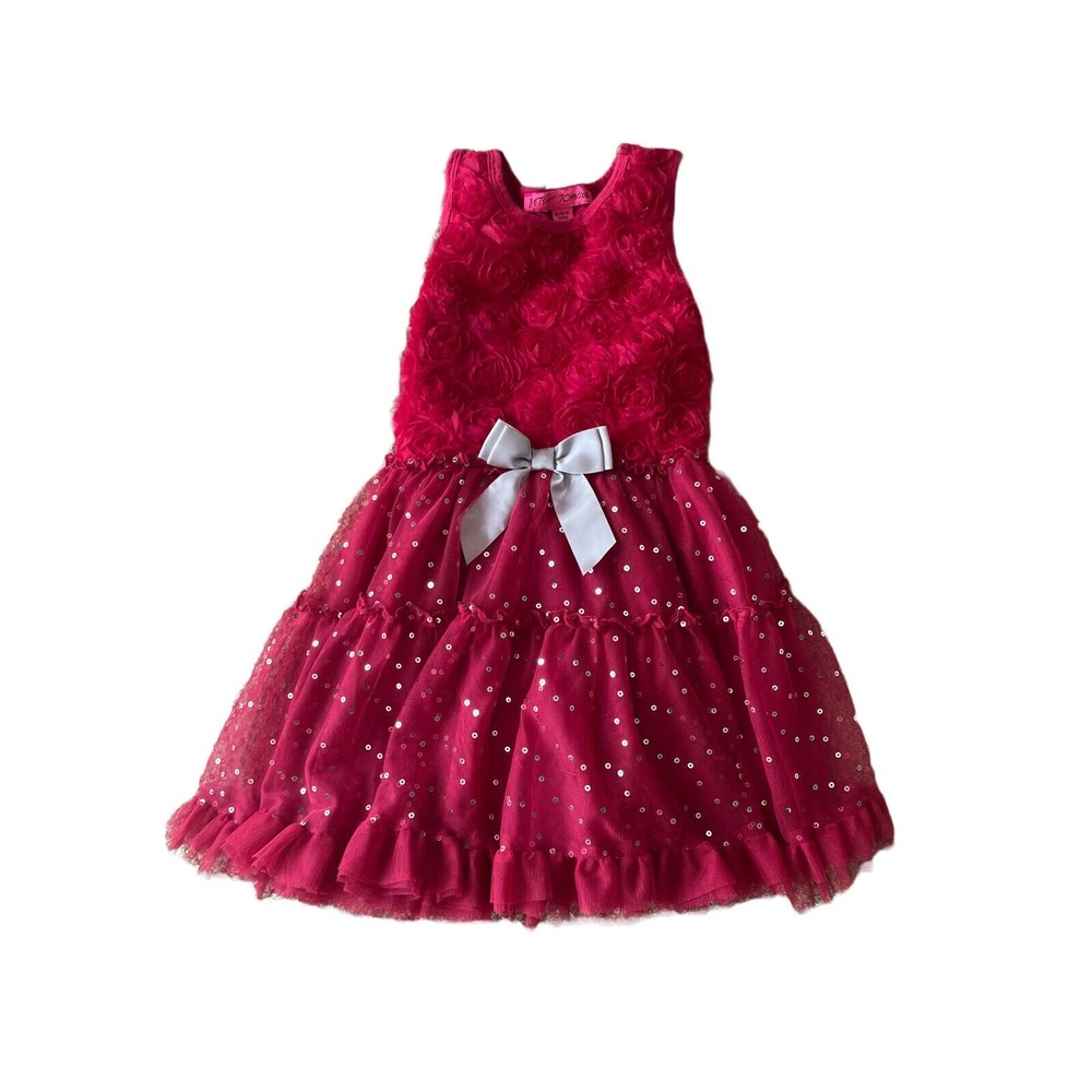 Betsey Johnson Girls Designer Rose Tutu Dress Size 6 Sequins Pinkish Red-Silver